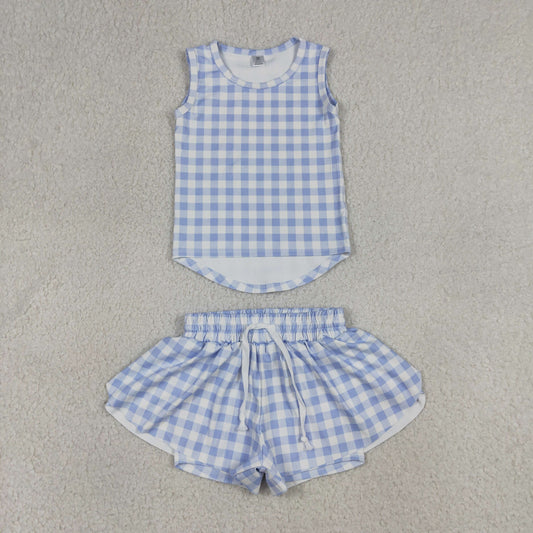 Baby Girls Kids Sleeveless Blue Plaid Tops Shorts Set Yoga Clothes