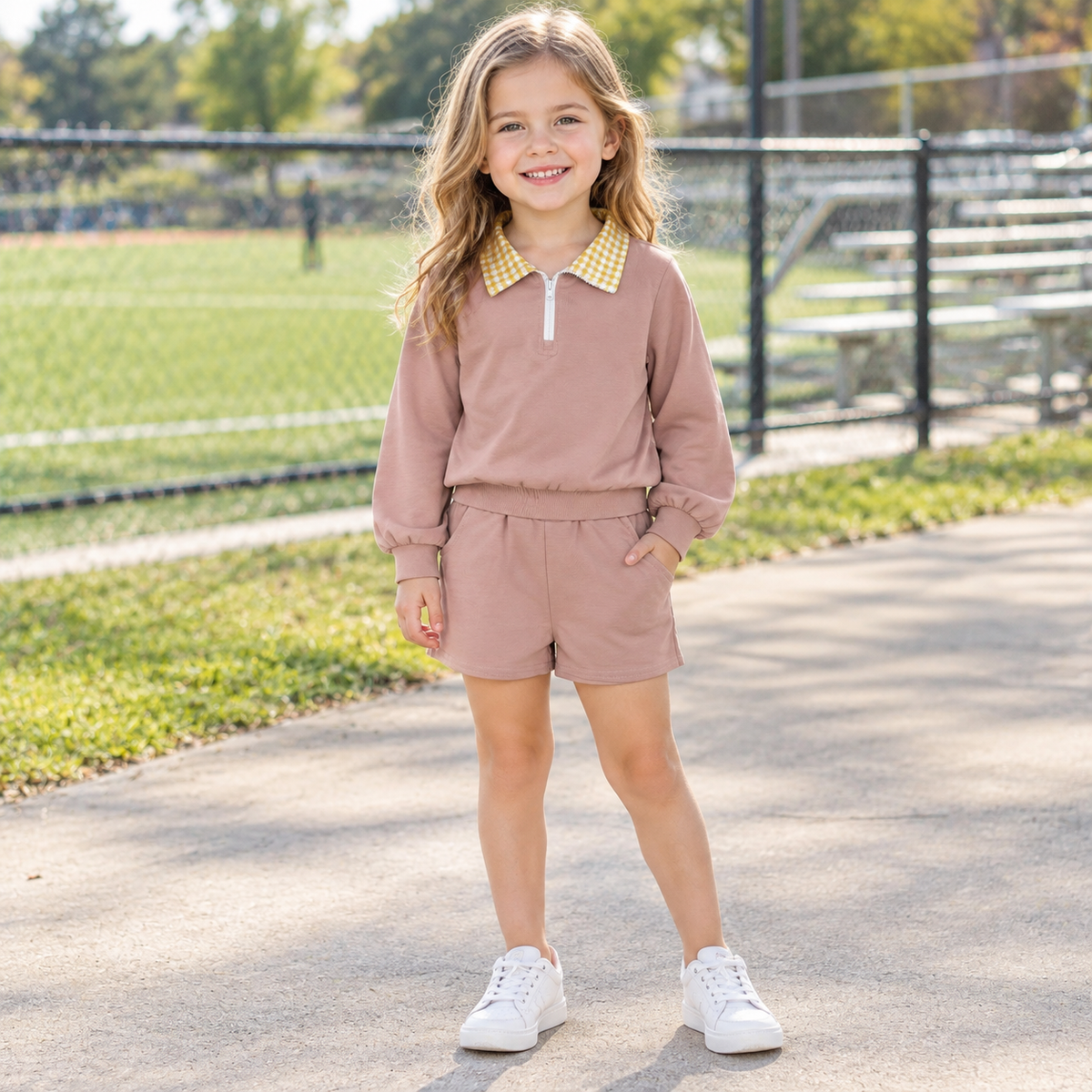 Baby Girls Kids Long Sleeves Zipper Pullover Pockets Shorts Brown Set Cotton Clothes RTS