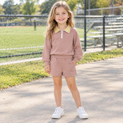 Baby Girls Kids Long Sleeves Zipper Pullover Pockets Shorts Brown Set Cotton Clothes RTS