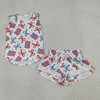 Baby Girls Kids Sleeveless Tops Bows Stars Flags Shorts Set 4th of July Clothes