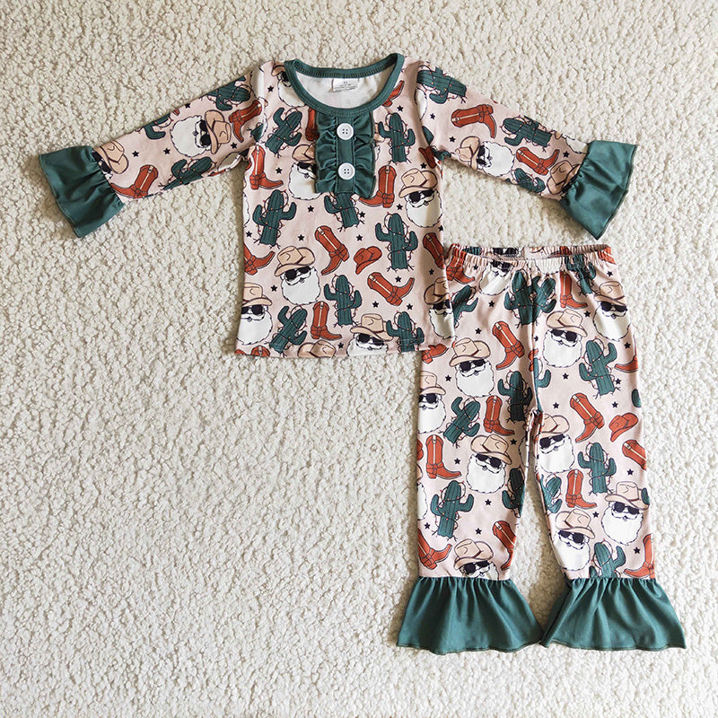 Promotion Baby Girl Christmas Santa Western Boots Cactus Pajamas