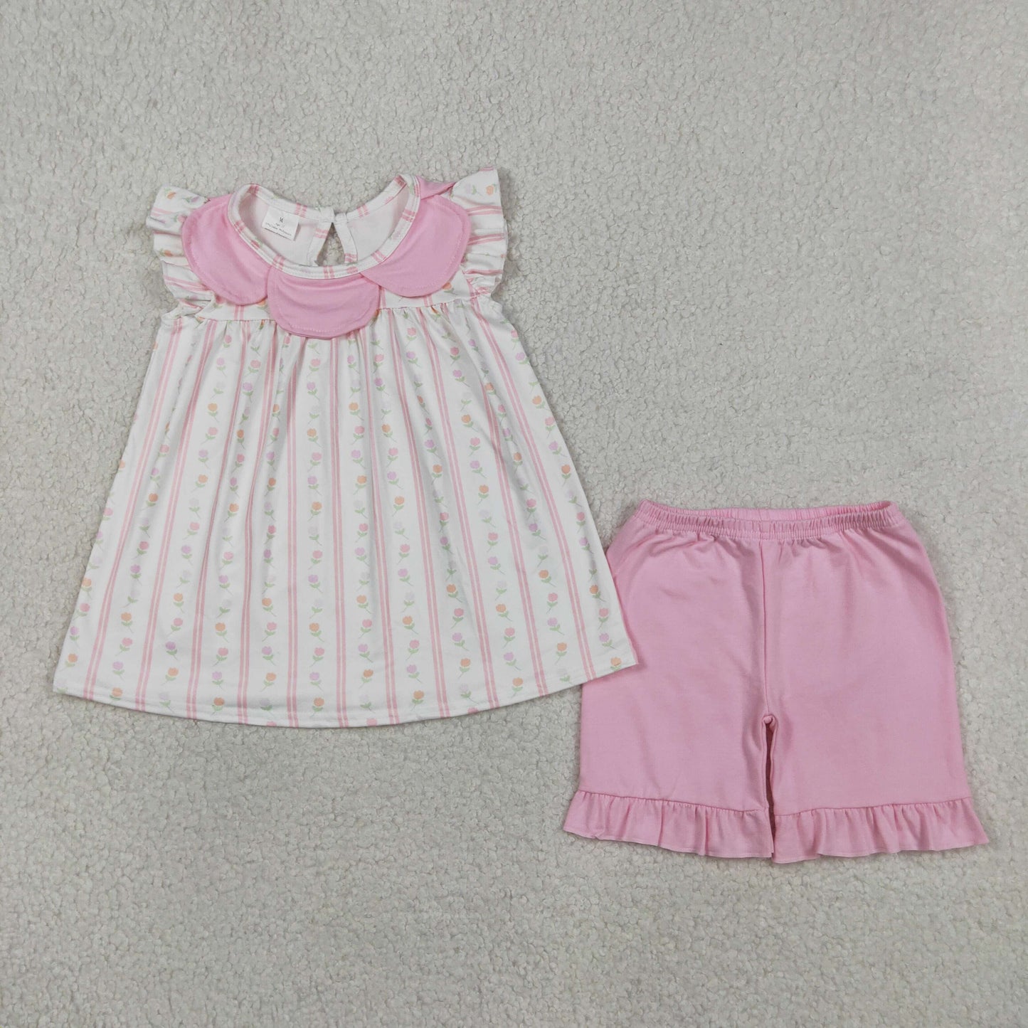 Baby Girls Kids Summer Floral Stripes Tunic Pink Ruffle Shorts Clothes Set