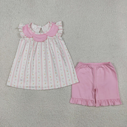 Baby Girls Kids Summer Floral Stripes Tunic Pink Ruffle Shorts Clothes Set
