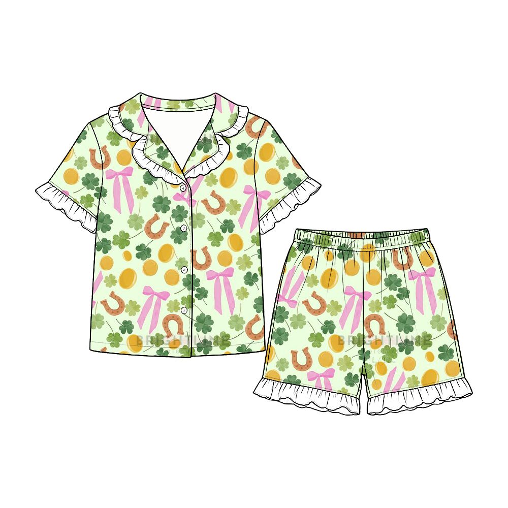 Moq 5 Preorder Baby Girls Kids Short Sleeves Bows Buttons Shirt Shorts Set Pajamas St Patrick Clothes