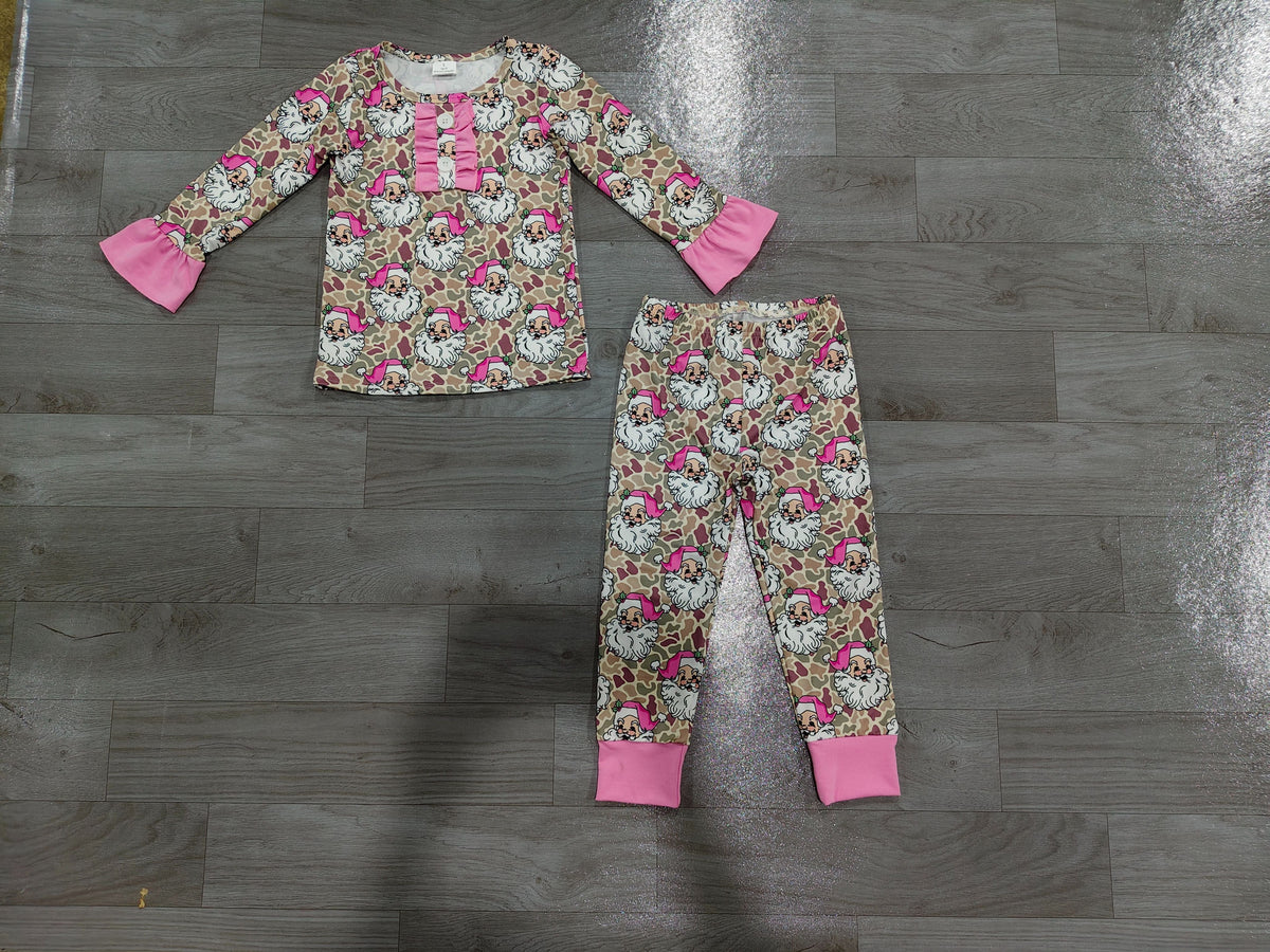 No moq Preorder Baby Girls Kids Christmas Santa Shirt Pants Pajamas Set Camo Clothes