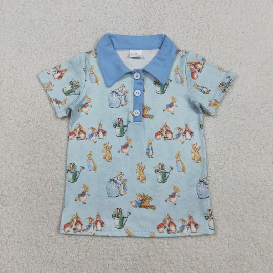 RTS Baby Boys Short Sleeves Rabbits Easter Buttons Blue Shirt Tops
