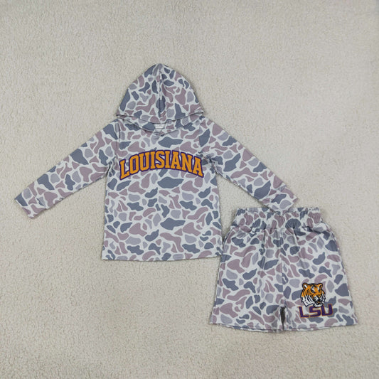 Baby Boy Kids Long Sleeves Grey Camo Hoodie Shirt Tiger Shorts Team Set