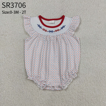 Baby Girls Kids Short Sleeves Embroidery Red Blue Bows Dots 4th of July Bubble Romper