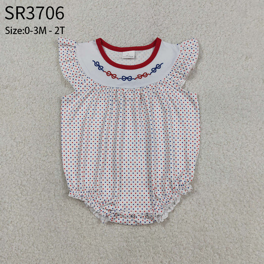 Baby Girls Kids Short Sleeves Embroidery Red Blue Bows Dots 4th of July Bubble Romper