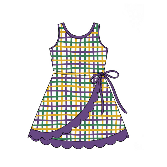 Moq 5 Preorder Baby Girls Kids Sleeveless Shorts Scallop Plaid Yoga Dress Mardi Gras Clothes