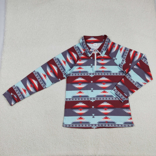 Adult Women Long Sleeves Western Aztec Print Zipper Pullover Tops
