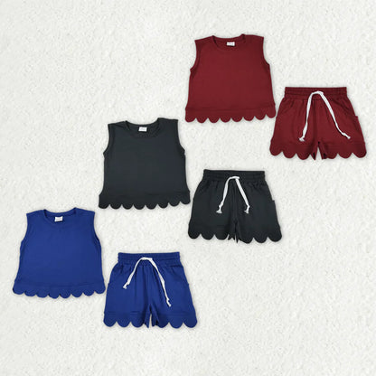 Sibling Baby Girls Kids Sleeveless Scallop Shirts Pockets Shorts Cotton Sets Clothes
