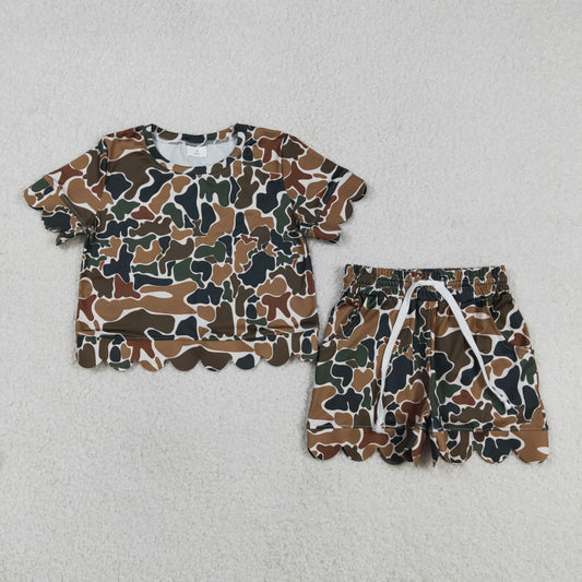 RTS Baby Girls Short Sleeves Shirt Brown Green Camo Scallop Shorts Clothes Set
