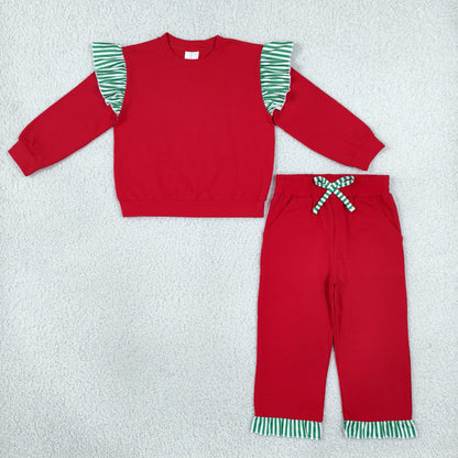 Sibling Baby Girls Kids Long Sleeves Shirts Pockets Shorts Pants Cotton Red Sets Christmas Clothes