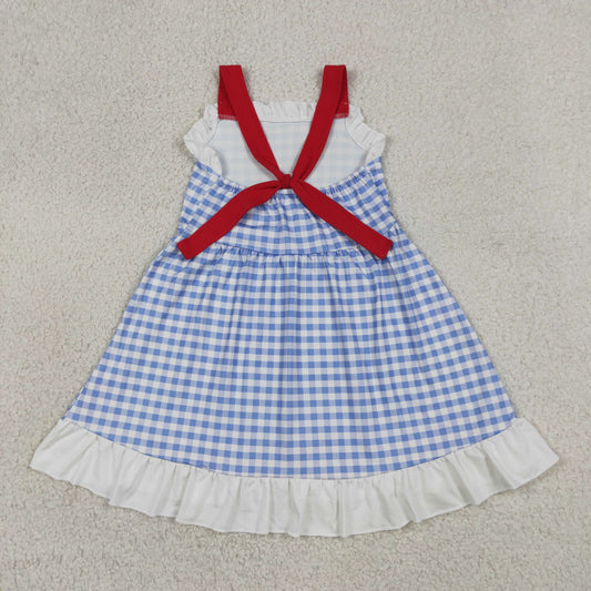 Baby Girls Sleeveless Blue Plaid Ruffle Knee length Dress 4th of July Clothes