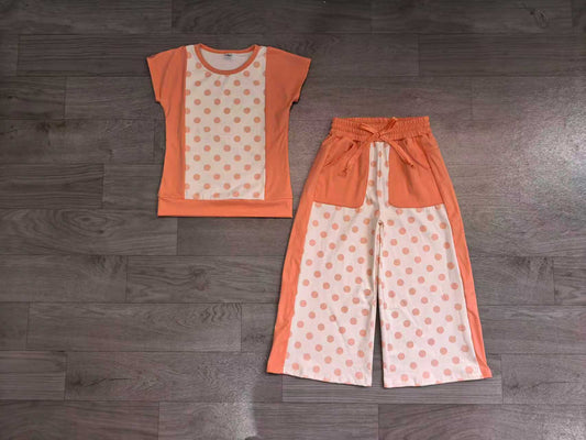 No moq  Preorder Baby Girl Kids Short Sleeves Dots Shirt Pockets Pants Set Clothes