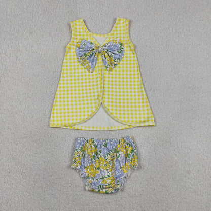 Baby Girls Toddler Sleeveless Plaid Tops Yellow Blue Flower Bummie Shorts Set