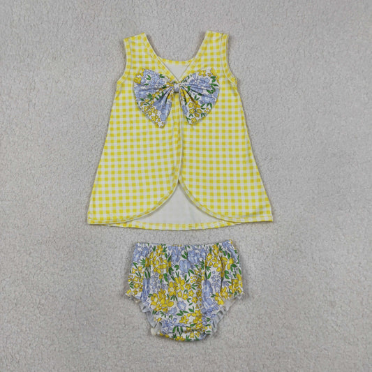 Baby Girls Toddler Sleeveless Plaid Tops Yellow Blue Flower Bummie Shorts Set