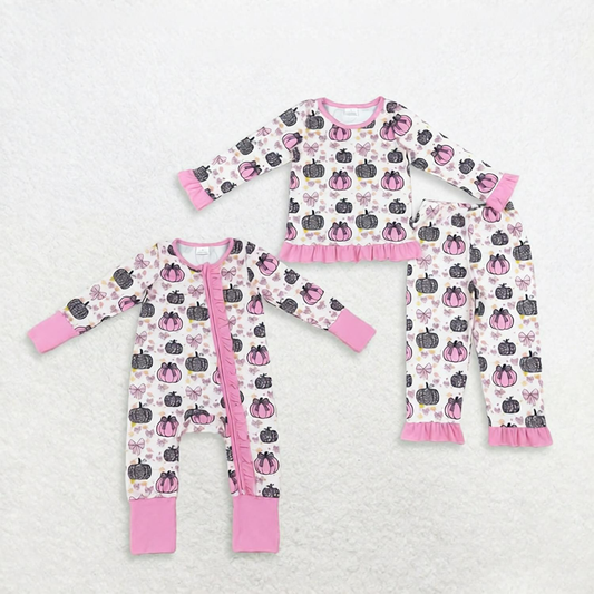 Sibling Baby Girls Kids Leopard Pumpkins Bows Zipper Footie Romper Pajamas Set Fall Clothes