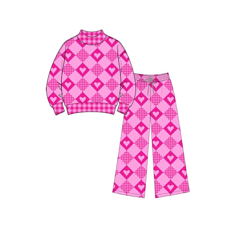 Moq 5 Preorder Baby Girls Kids Long Sleeves Hearts Checked Shirt Pants Valentine Set Clothes