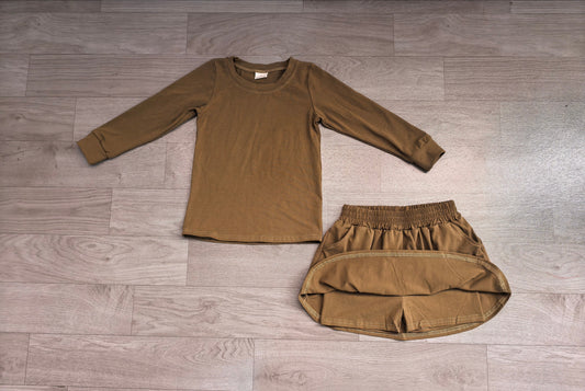 No moq Preorder Baby Girls Kids Long Sleeves Olive Shirt Pockets Skirt Shorts Cotton Set Clothes