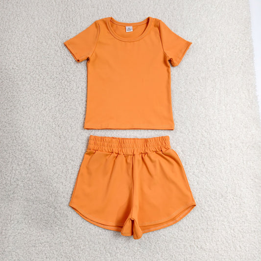 Baby Girls Kids Short Sleeves Orange Shirt Skirt Shorts Yoga Active Set Clothes