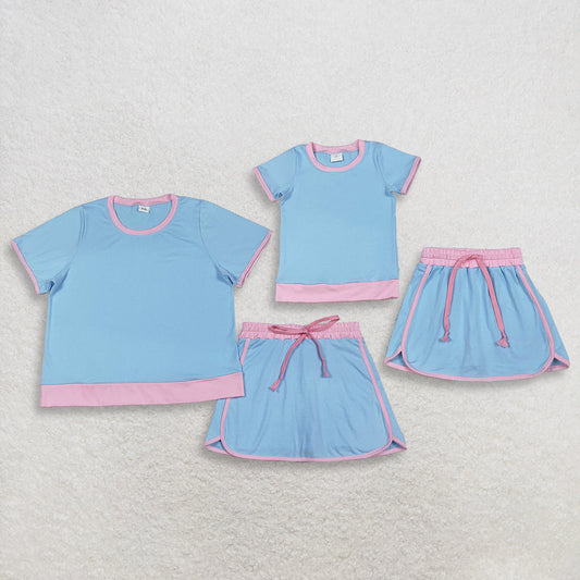 RTS Sibling Baby Girls Adult Women Short Sleeves Blue Cotton Shirts Skirts Shorts Sets Summer Clothes