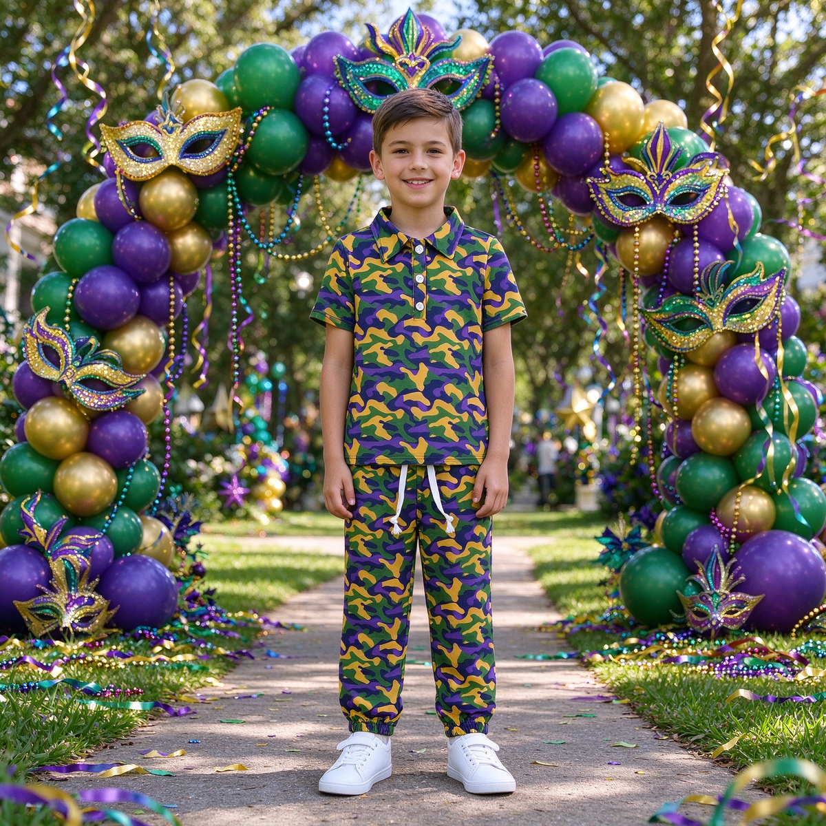 Baby Boys Kids Short Sleeves Buttons Shirt Pockets Camo Pants Mardi Gras Set Clothes