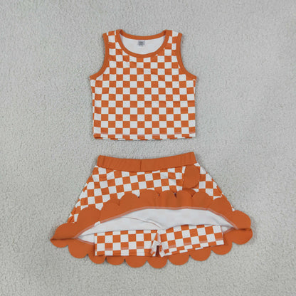 Sibling Baby Girls Kids Sleeveless Checked Shirts Scallop Skirts Shorts Yoga Active Sets Clothes