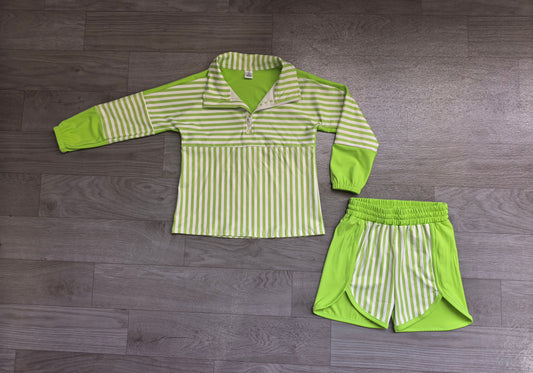 No moq Preorder Baby Girls Kids Green Stripes Zipper Pullover Shorts Yoga Active Set Clothes