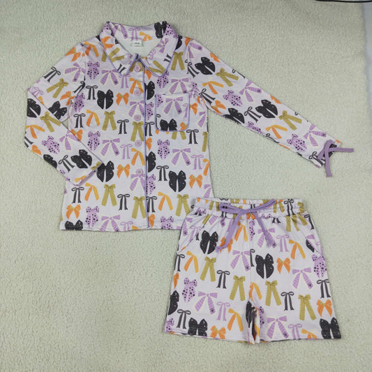Adult Women Halloween Bows Buttons Tops Pockets Shorts Pajamas Purple Set