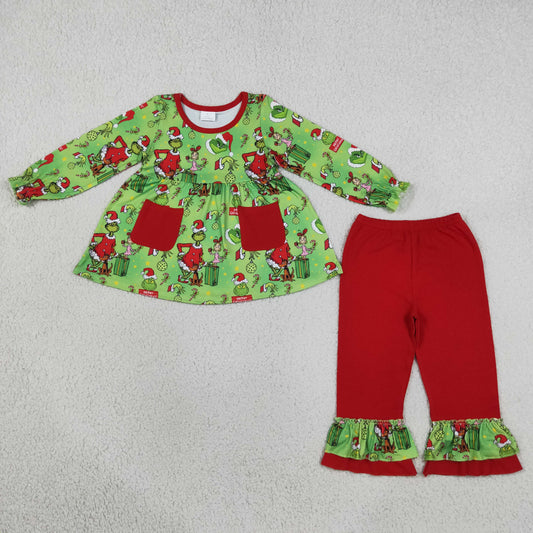 Baby Girl Kids Christmas Face Stripes Pockets Tunic Green Pants Set Clothes