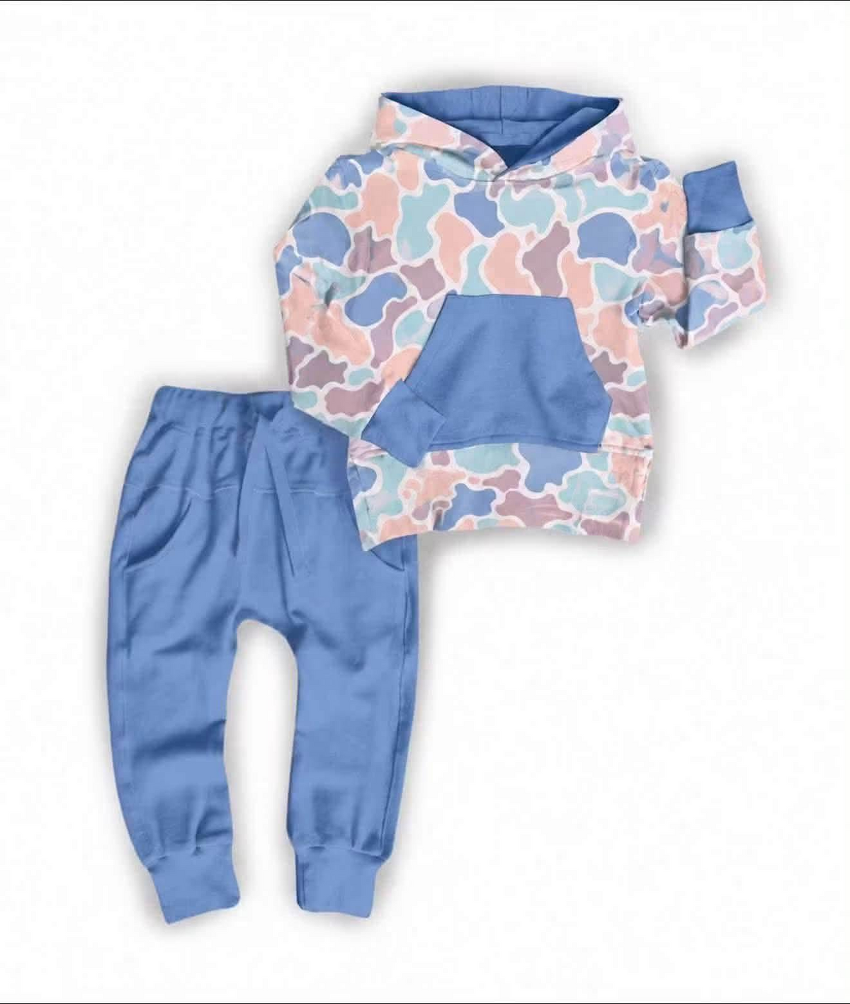 Moq 5 Preorder Baby Boys Kids Camo Hoodie Pullover Pockets Blue Pants Set Clothes