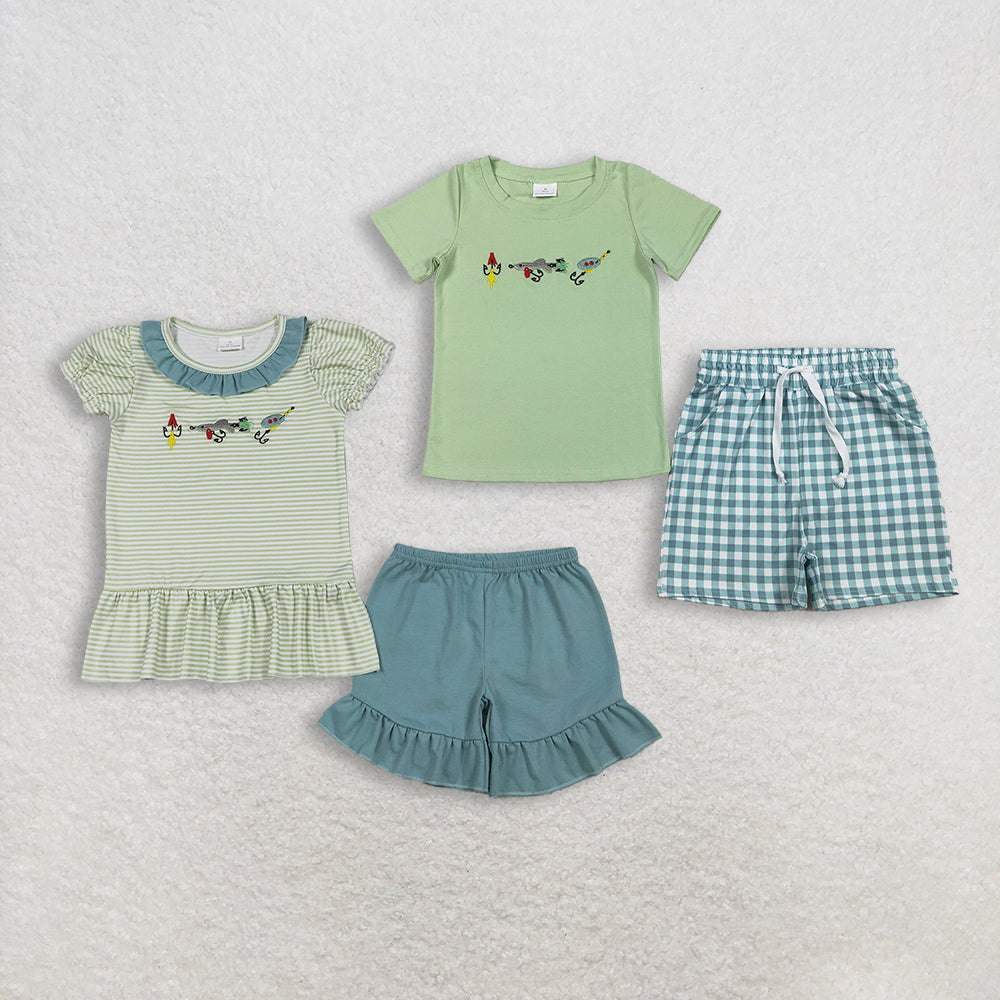 Sibling Baby Boys Girls Short Sleeves Embroidery Fishing Shirts Green Plaid Shorts Clothes Sets