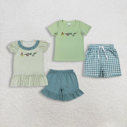 Sibling Baby Boys Girls Short Sleeves Embroidery Fishing Shirts Green Plaid Shorts Clothes Sets