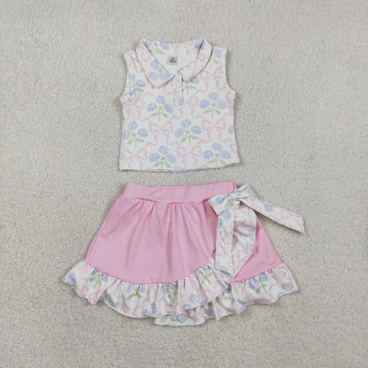 RTS Baby Girls Bows Flower Buttons Tops Ruffle Pink Skirt Shorts Yoga Active Clothes Set