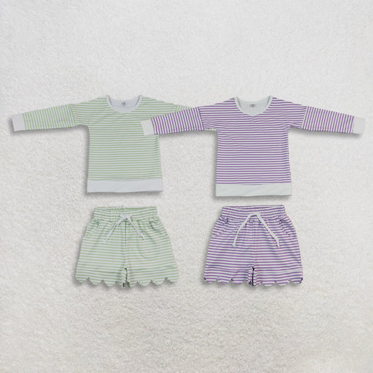 Sibling Baby Girls Kids Long Sleeves Stripes Shirts Scallop Shorts Sets Yoga Active Clothes