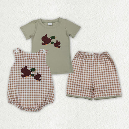 Sibling Baby Boys Kids Embroidery Ducks Shirt Plaid Shorts Set Romper Hunting Clothes