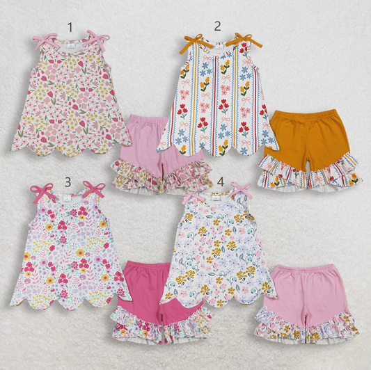 RTS Sibling Baby Girls Kids Bows Flower Scallop Tops Ruffle Shorts Summer Sets Clothes