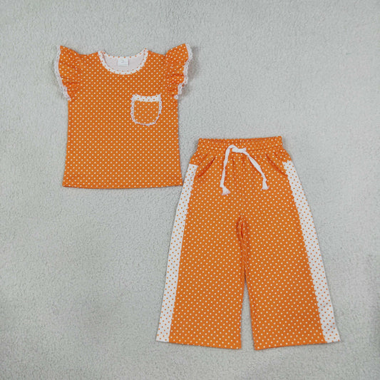 Baby Girls Kids Short Sleeves Polka Dot‌s Tops Pants Orange Set Clothes