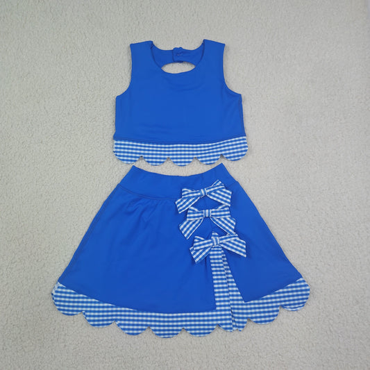 Baby Girls Kids Scallop Shirt Blue Plaid Bows Skirt Shorts Set Yoga Active Clothes