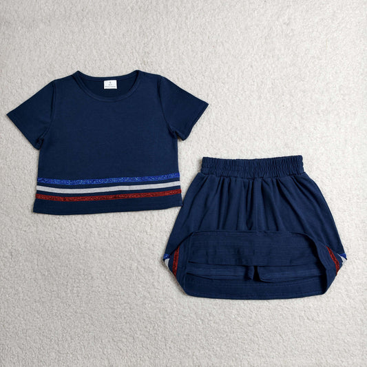 Baby Girls Kids Short Sleeves Shirt Shorts Skirt Summer Navy Set
