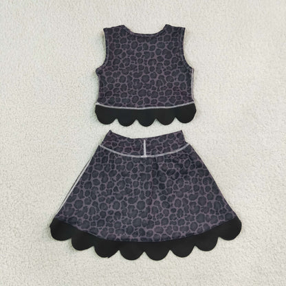 Baby Girls Kids Black Leopard Vest Bows Scallop Bows Skirt Shorts Yoga Active Set Clothes