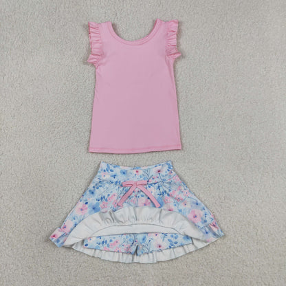 Baby Girls Kids Pink Tops Flower Pockets Scallop Skirt Shorts Yoga Clothes Summer Set