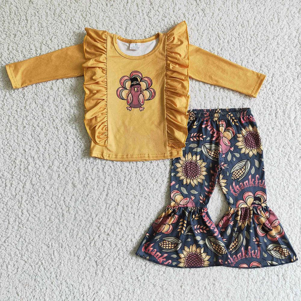 Promotion Baby Girl turkey Ruffle Tops Sunflower Pants Fall Outfit