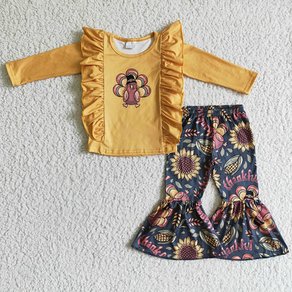 Promotion Baby Girl turkey Ruffle Tops Sunflower Pants Fall Outfit