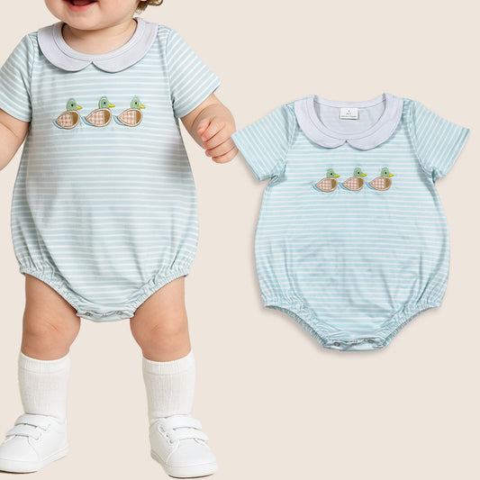 Baby Boys Infant Embroidery Ducks Blue Stripes Bubble Romper