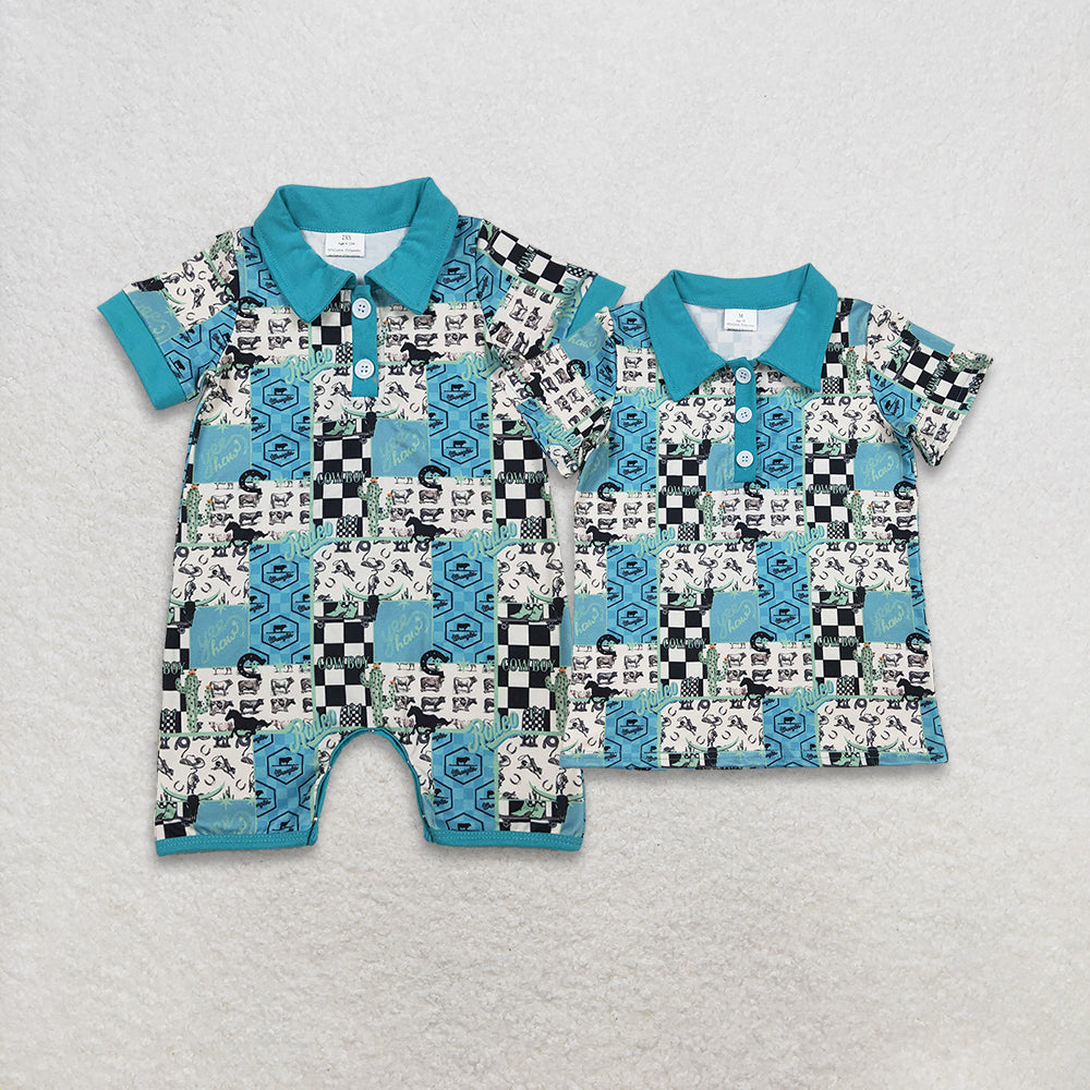 RTS Sibling Baby Boys Short Sleeves Western Cow Cactus Buttons Blue Romper Shirt