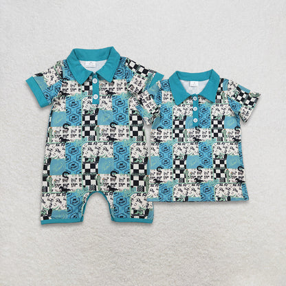 RTS Sibling Baby Boys Short Sleeves Western Cow Cactus Buttons Blue Romper Shirt