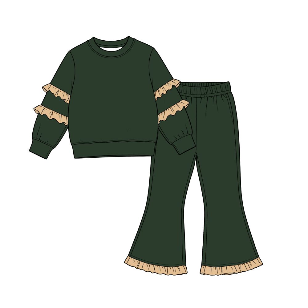 Moq 5 Preorder Baby Girls Kids Ruffle Long Sleeves Shirt Bell Pants Green Set Cotton Clothes